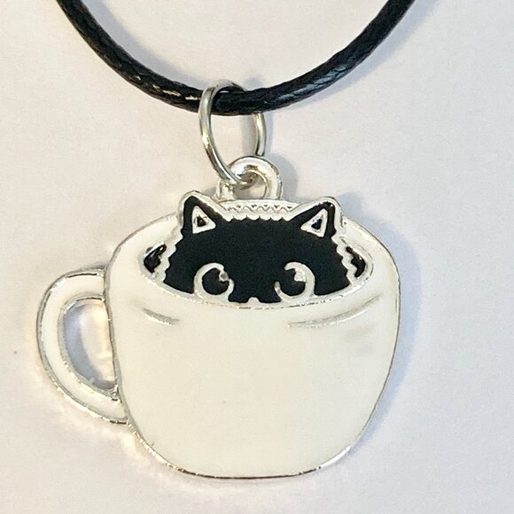 Black Cat Charm Pendant Necklace 16-18" Enamel Coffee Cup Halloween Cat Lady - Picture 4 of 8